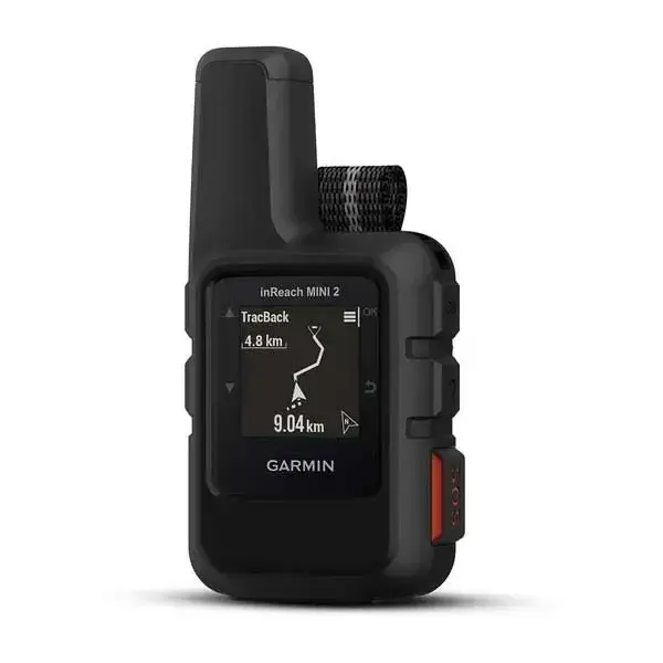 Garmin inReach Mini 2 naranja con antena y pantalla encendida