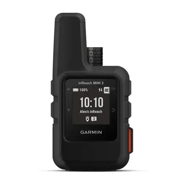 Garmin inReach Mini 2 naranja con antena y pantalla encendida